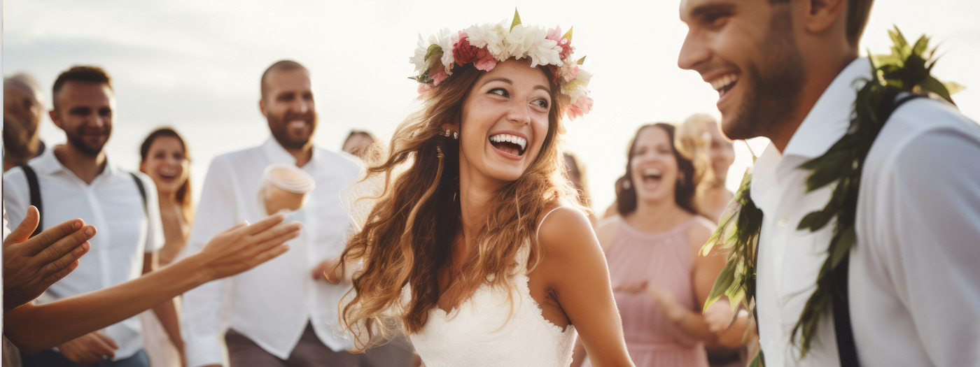 The bride and groom beam with joy at their destination wedding, surrounded by cheering guests celebrating outdoors.