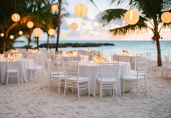 Round tables surrounded by white chairs are arranged on sandy beach, creating the perfect setting for a destination wedding celebration.