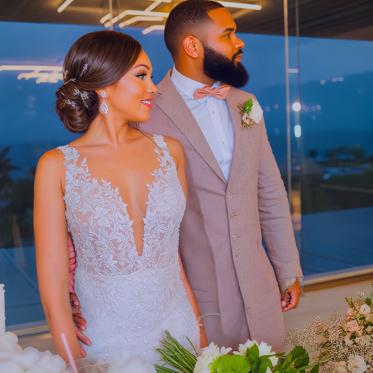 Sydney and Hayden stand side by side at a beautifully decorated destination wedding reception.