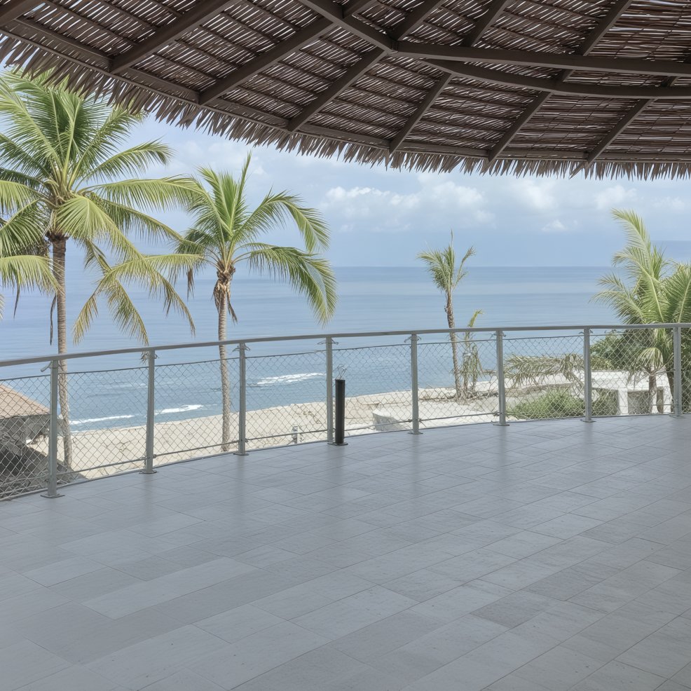 Covered terrace with tiled floor, ideal for a destination wedding, overlooks palm trees and a calm ocean.