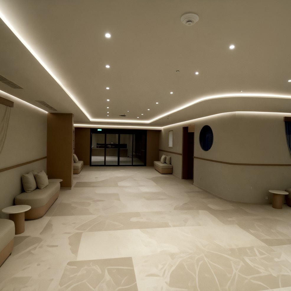 An elegant lounge with built-in seating and soft lighting, ideal for a destination wedding venue.