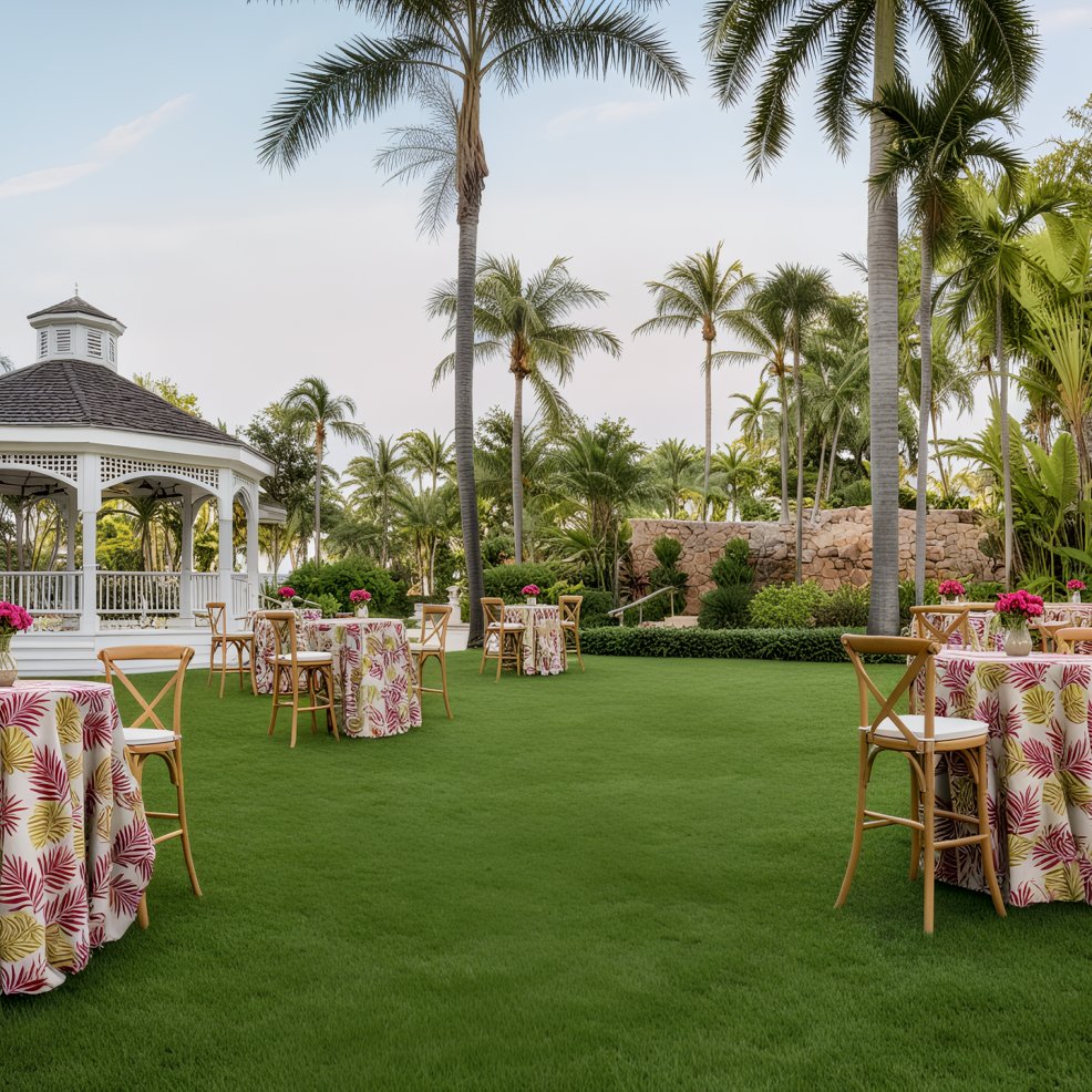A beautiful destination wedding setup featuring floral-adorned tables and chairs arranged on a lush lawn, with a charming white gazebo as the backdrop.