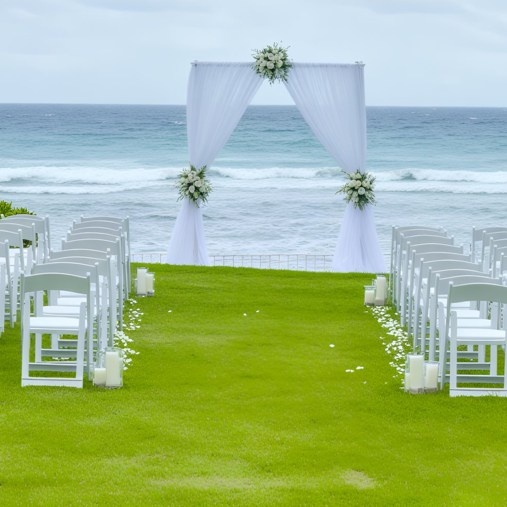 Rows of white wedding chairs are arranged on the grass, all facing a beautifully decorated archway with the ocean as a stunning backdrop—perfect for a destination wedding ceremony.