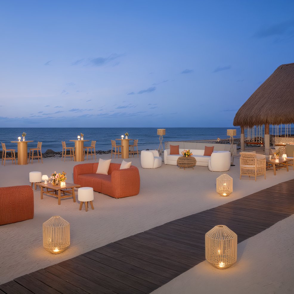 Beachfront lounge at sunset with wicker furniture, lanterns, and ocean view set for a destination wedding.