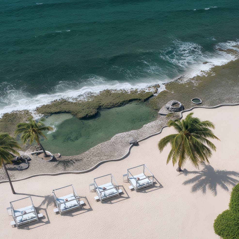 Aerial view of four cabanas on a sandy beach with palm trees, perfect for a destination wedding.