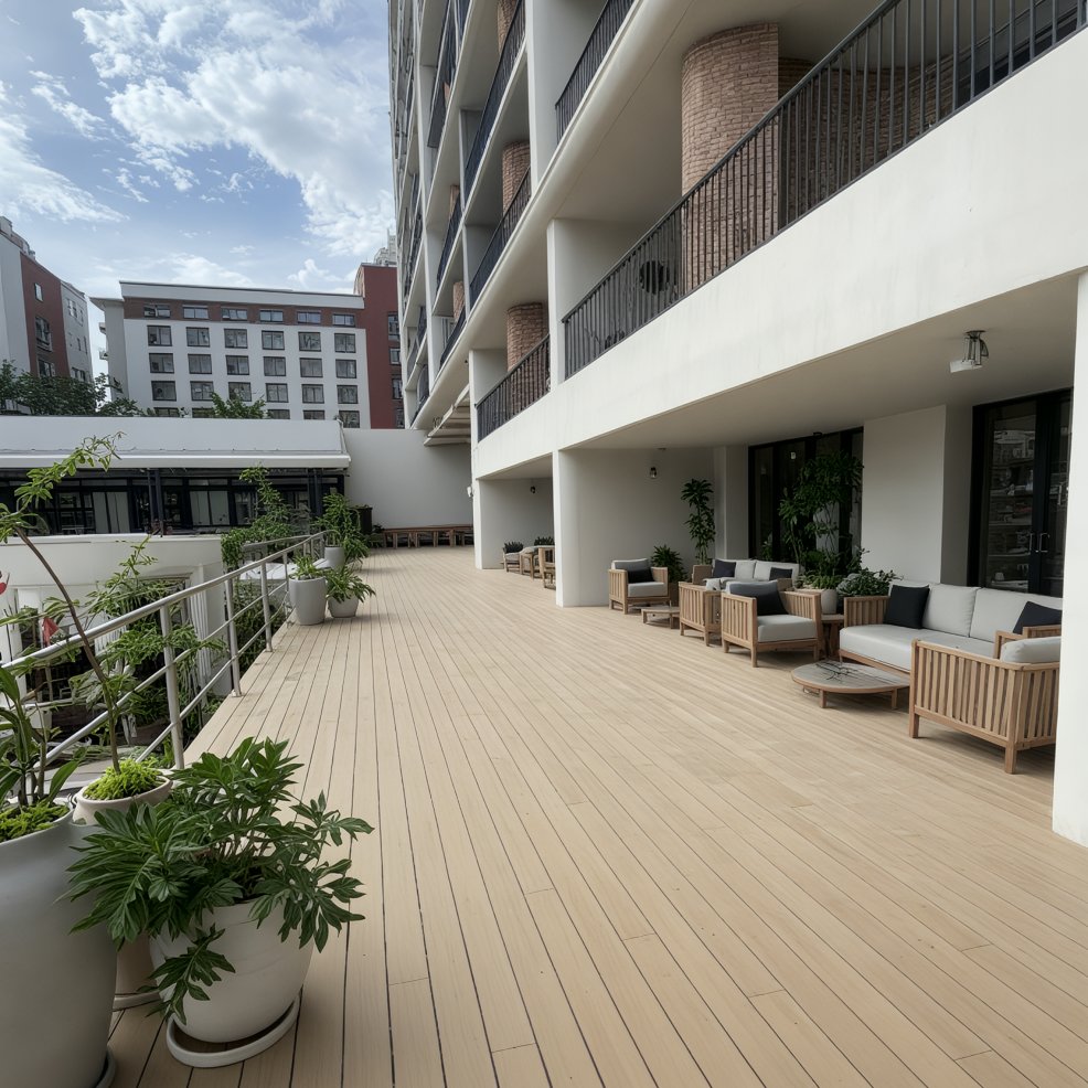 Spacious outdoor patio with wooden floors and modern seating, ideal for a destination wedding venue.
