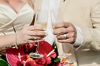 Mobolaji and Sylvia toast at their destination wedding, dressed elegantly and holding vibrant flowers.