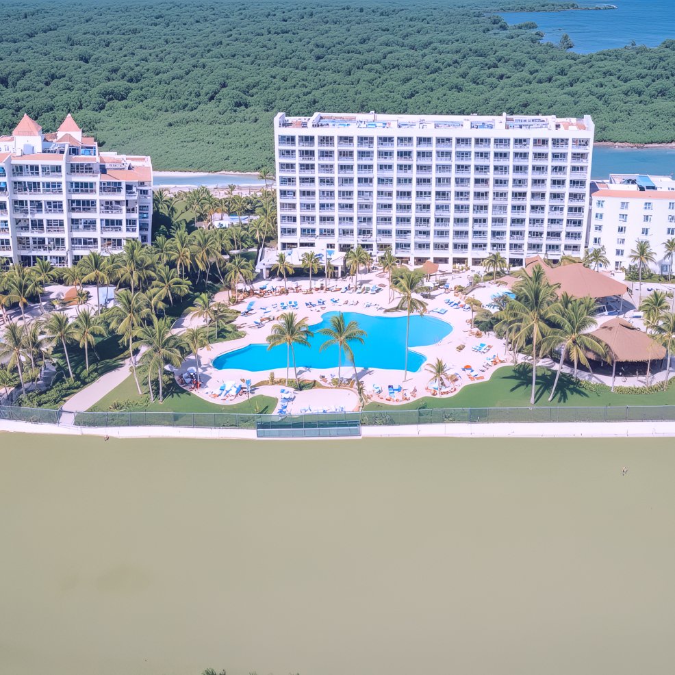 Aerial view of a destination wedding resort with a central pool, palm trees, and lush greenery.