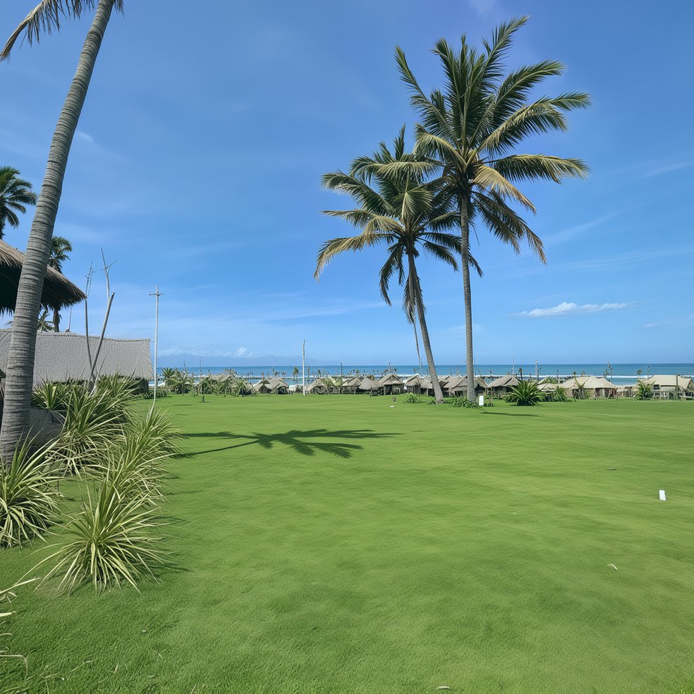 Scenic green lawn with palm trees and distant huts, perfect for a destination wedding by the beach.