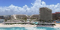 A modern beachfront resort complex perfect for a destination wedding, with pools, palm trees, and lounge chairs.