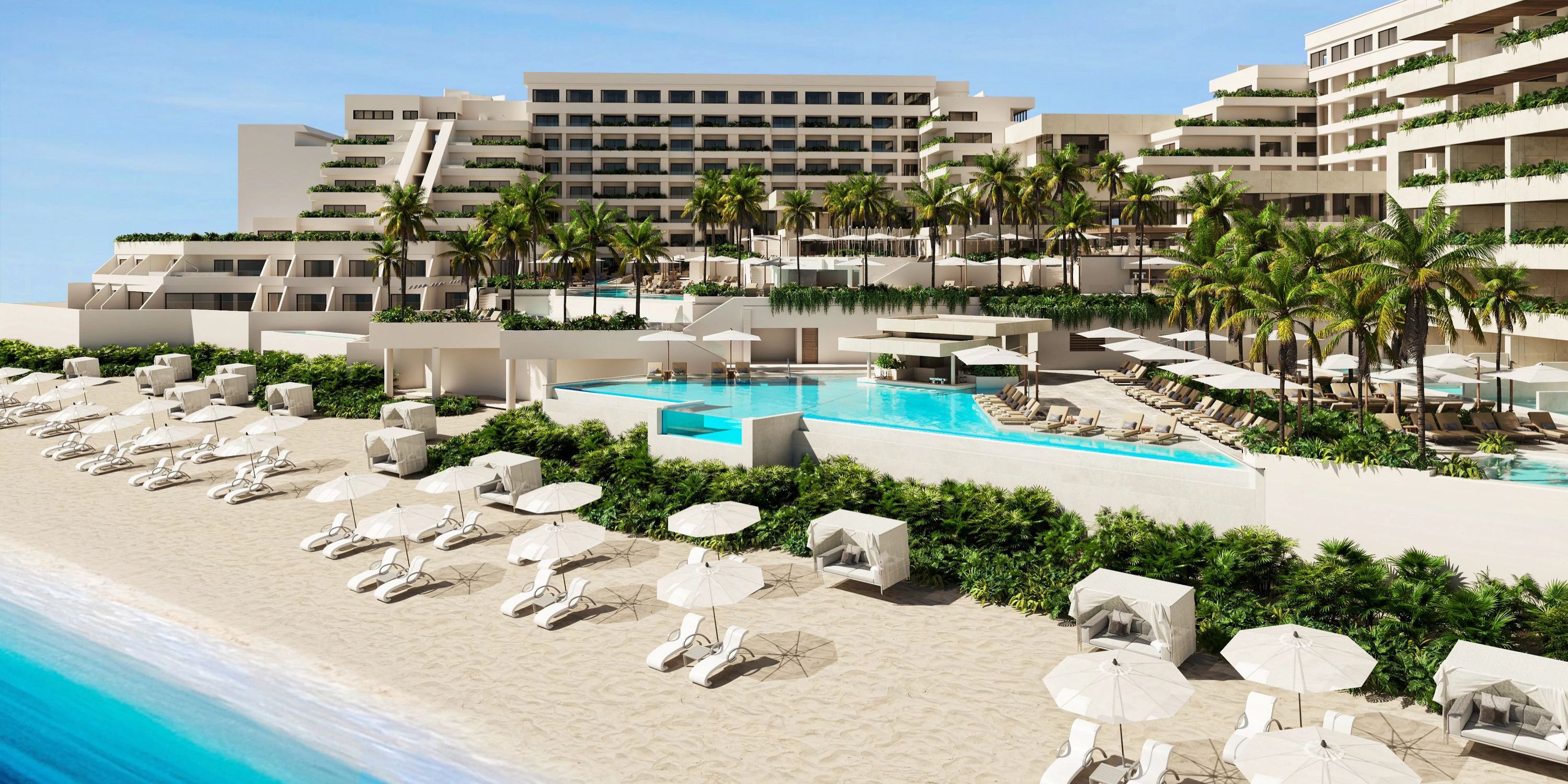 Modern beachfront resort with pools, ideal for a romantic destination wedding at Secrets Mirabel Cancun.