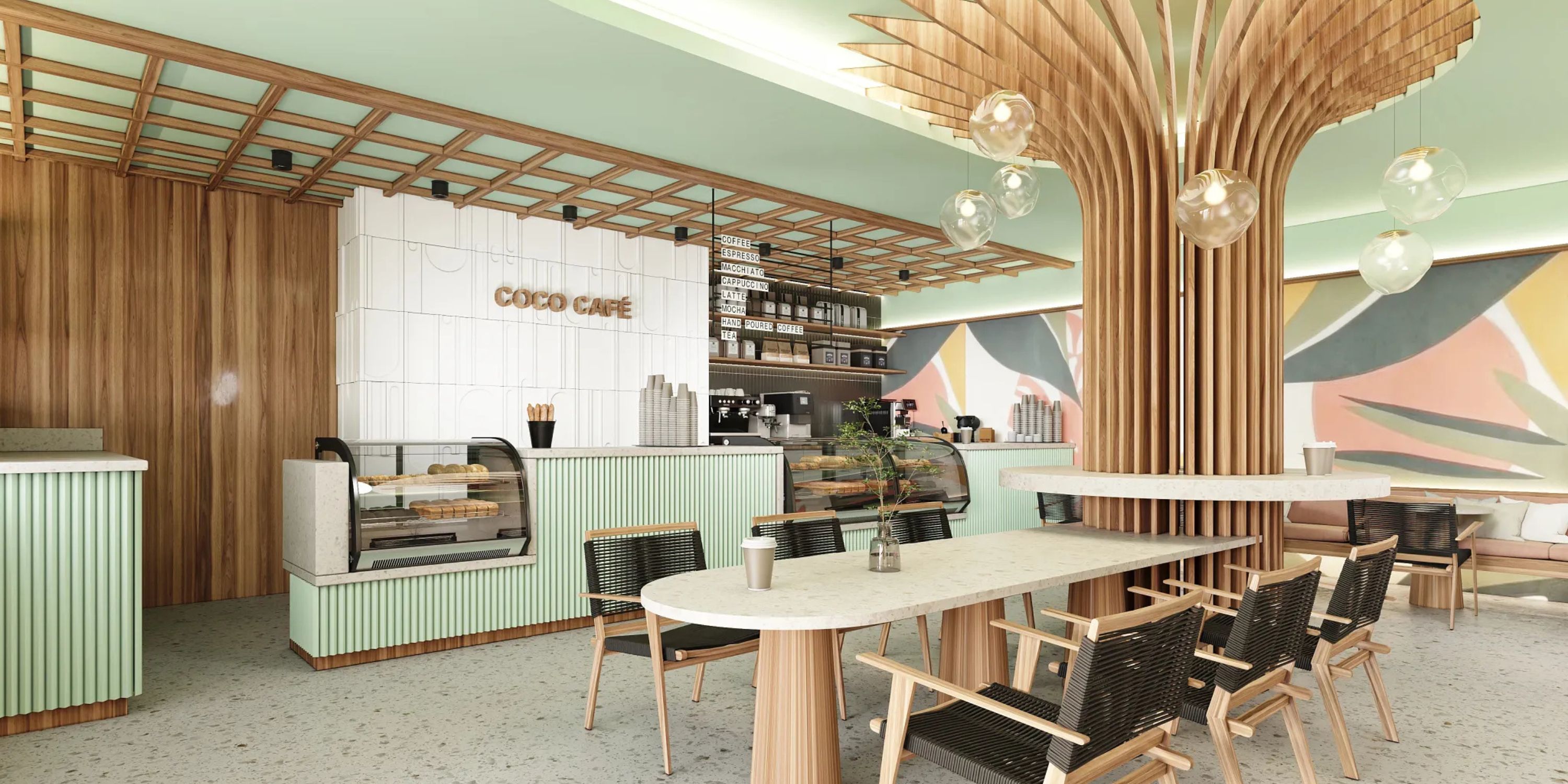 Modern café interior with pastel colors, light wood, and a stylish destination wedding vibe.