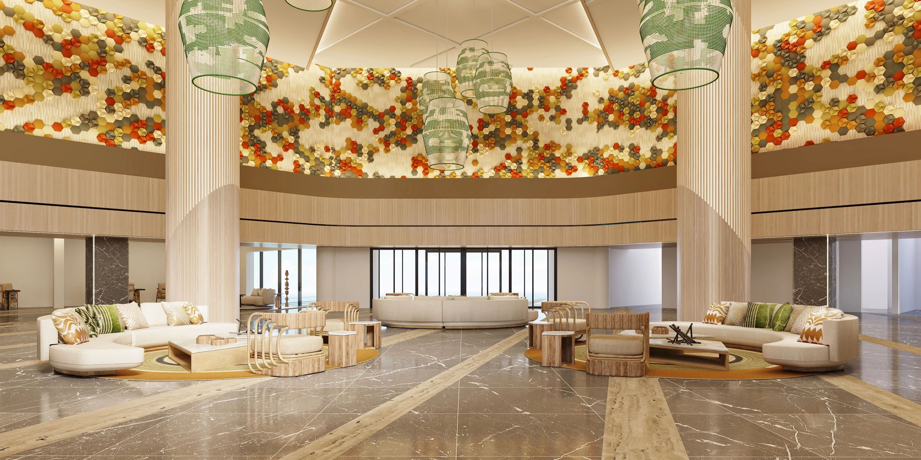 Elegant hotel lobby with round sofas, marble floors—ideal for a destination wedding; vibrant wall art.