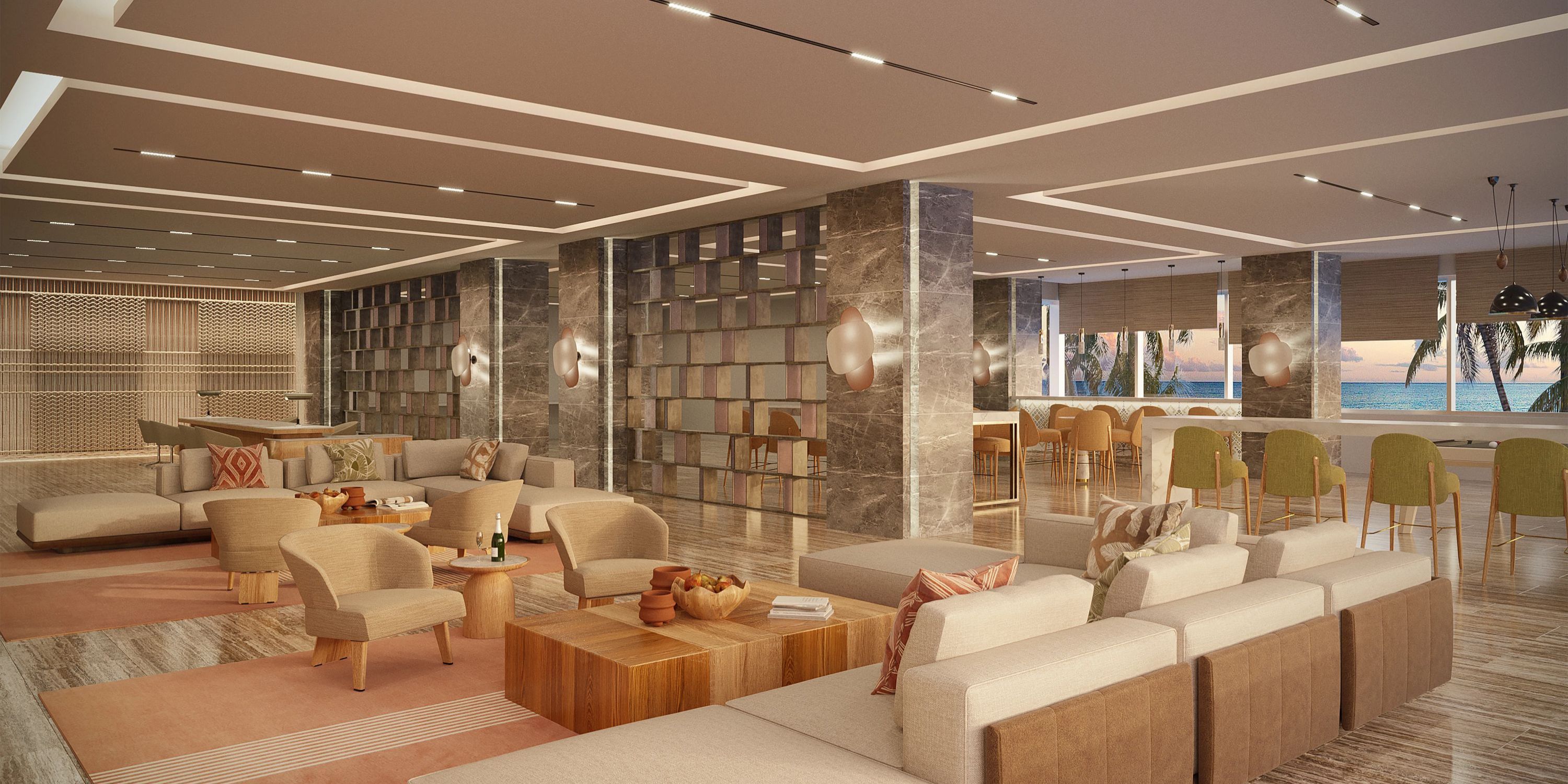 Modern hotel lounge ideal for a destination wedding, with neutral seating, marble pillars, and ocean views.