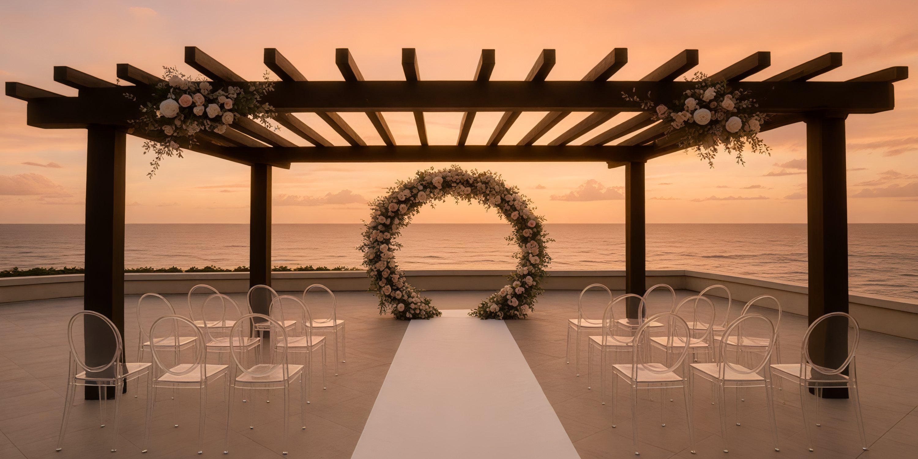 Destination wedding ceremony at sunset beneath a floral arch by the ocean at Secrets Mirabel Cancun Resort.