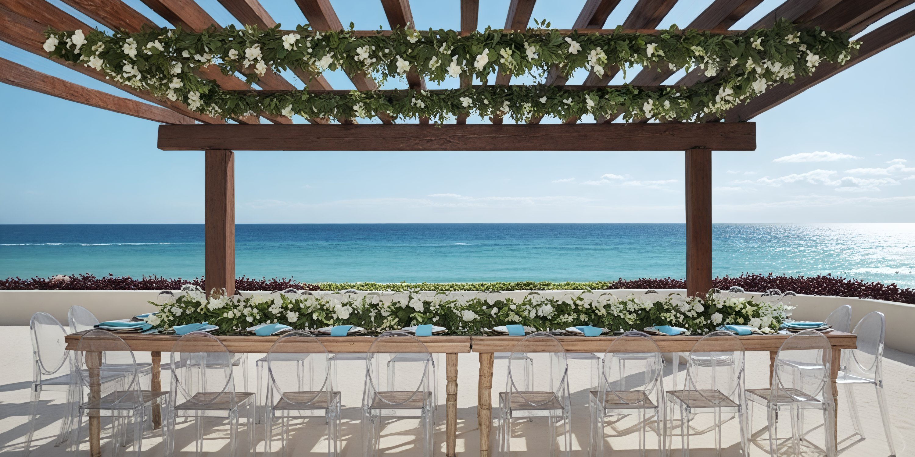 Outdoor wedding dining table beneath a pergola draped with floral garlands at Secrets Mirabel Cancun.