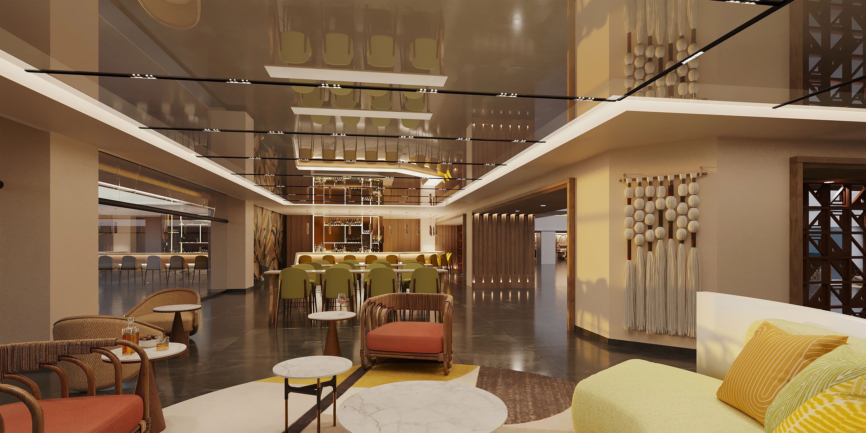 Modern lounge area with seating, central bar, and ceiling reflections—ideal for a destination wedding.
