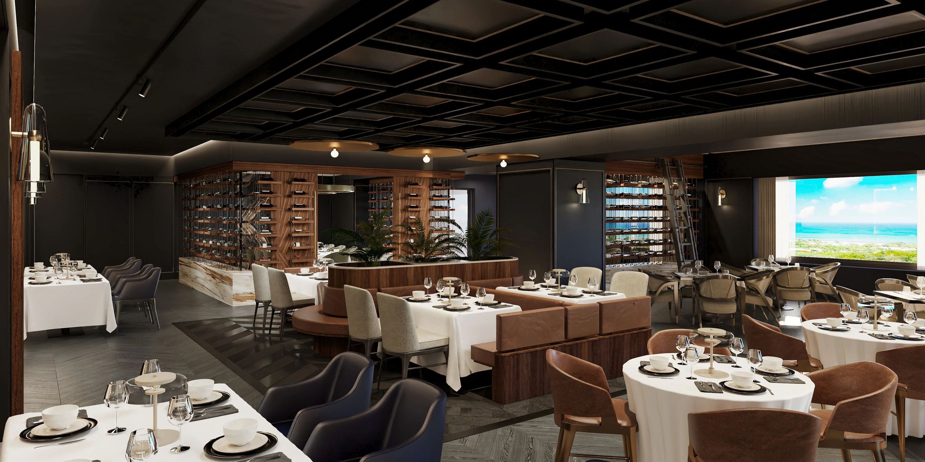 Elegant modern restaurant interior with set tables and brown chairs overlooking the ocean, perfect for a destination wedding.
