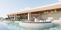 Modern poolside lounge and bar, perfect for a destination wedding, with circular seating over blue water.