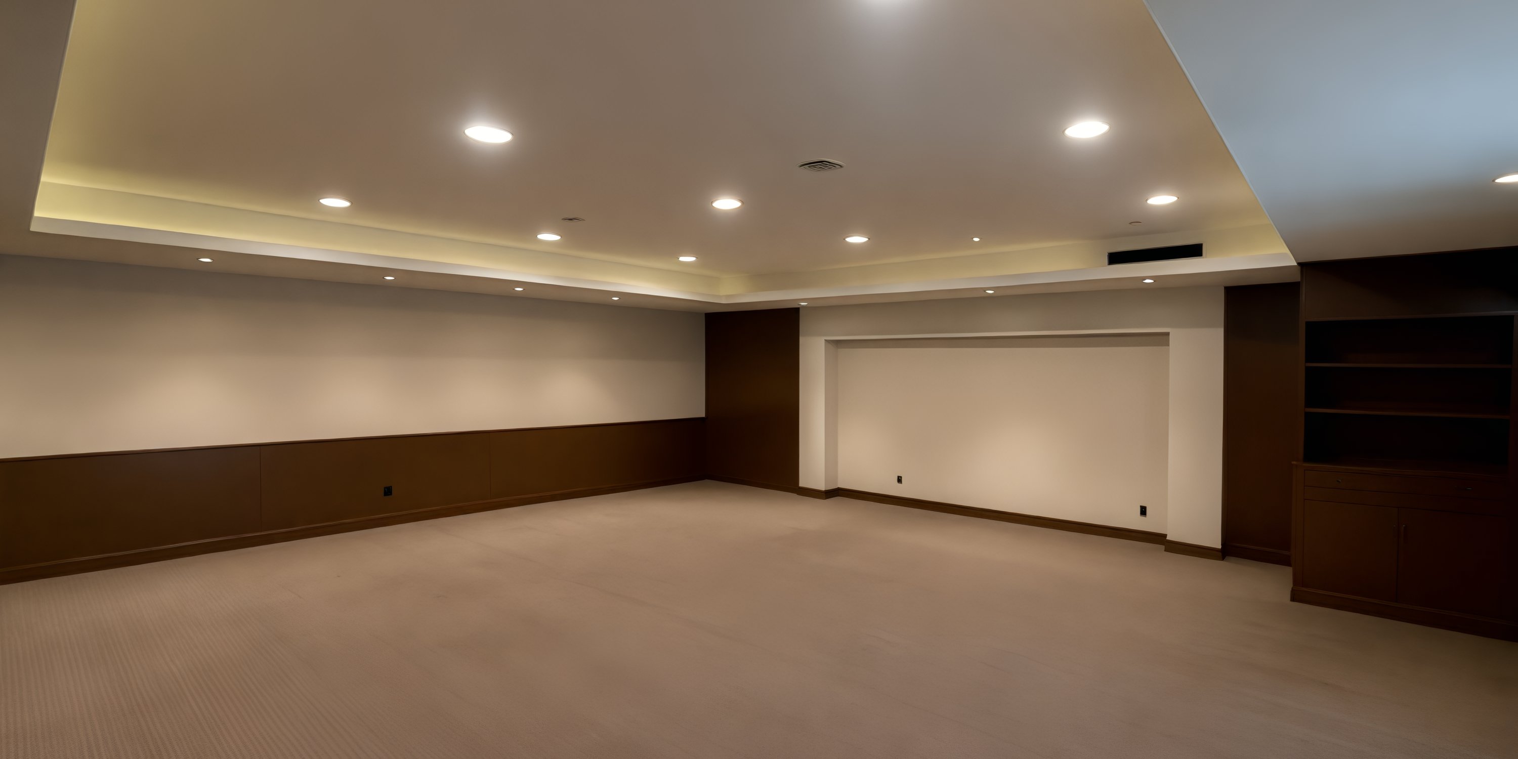 Carpeted basement room with white walls and recessed lighting, ideal for a small destination wedding setup.