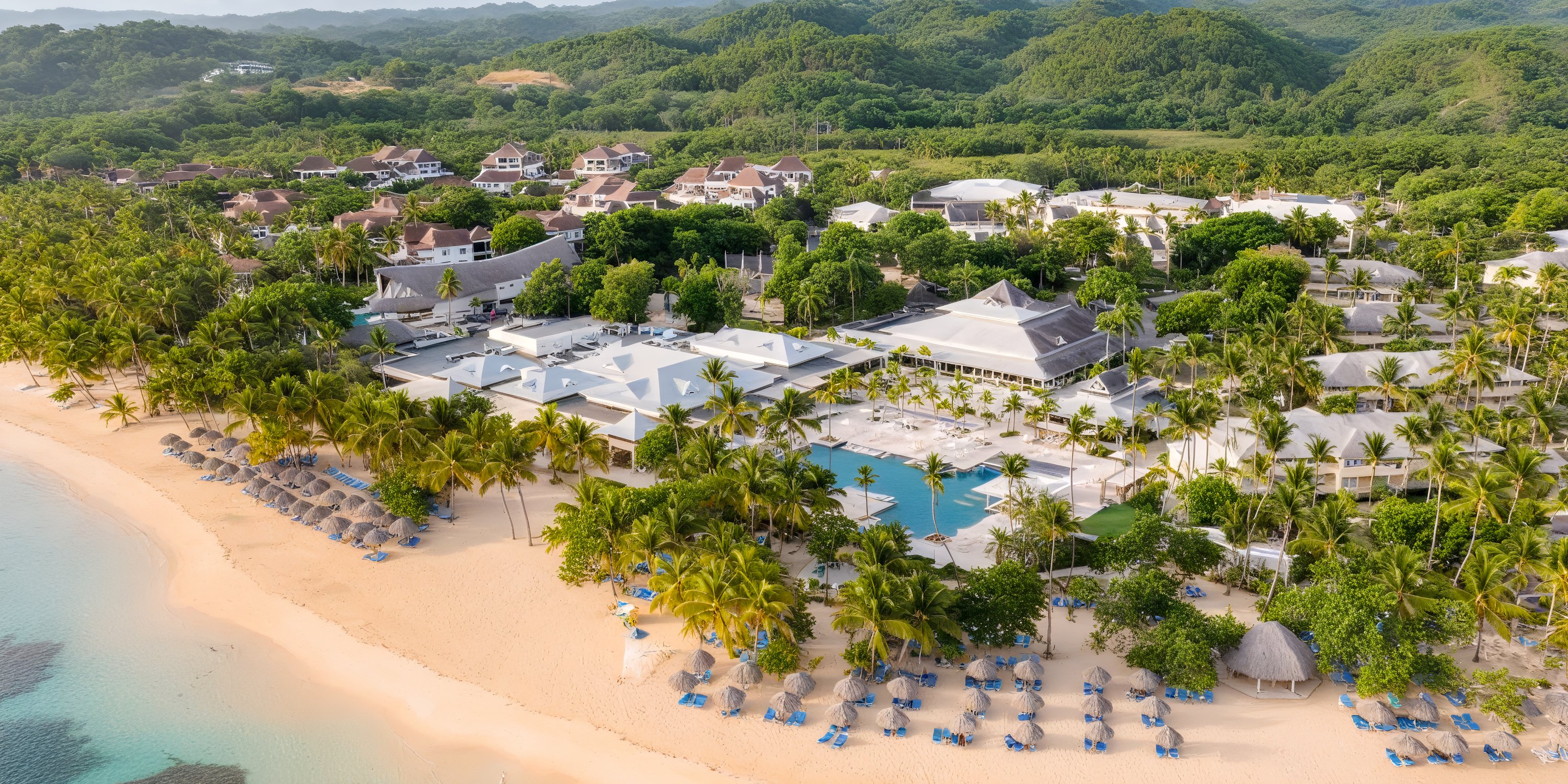 Aerial view of Bahia Principe Grand Samana, perfect for a destination wedding with pools and beachside palms.