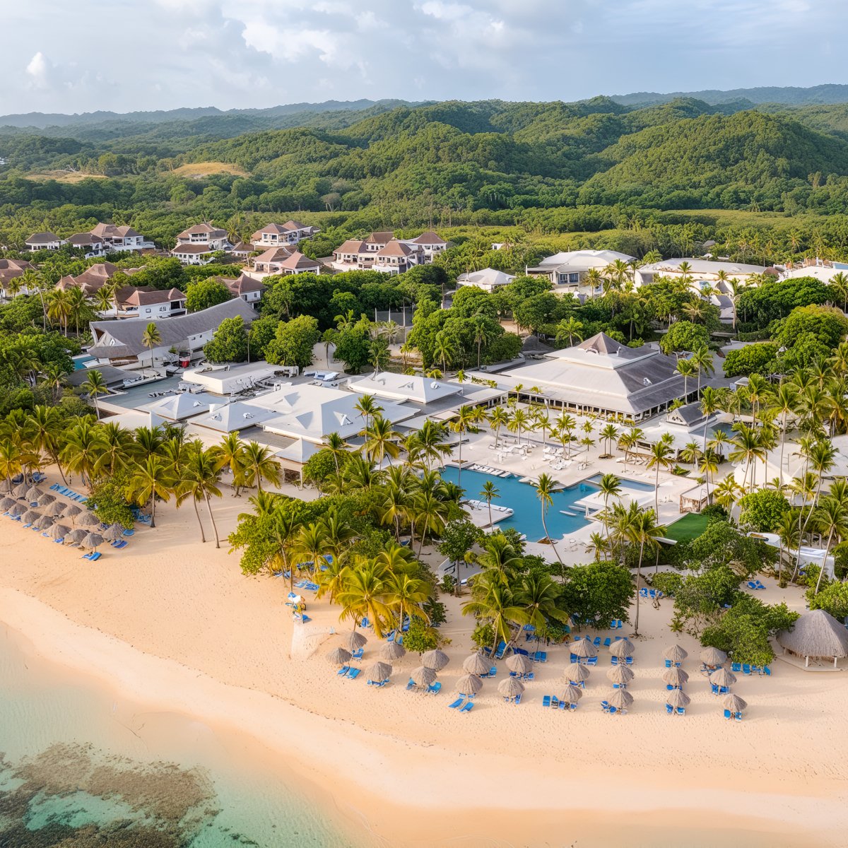 Aerial view of Bahia Principe Grand Samana, a dreamy destination wedding spot with pools and beach loungers.