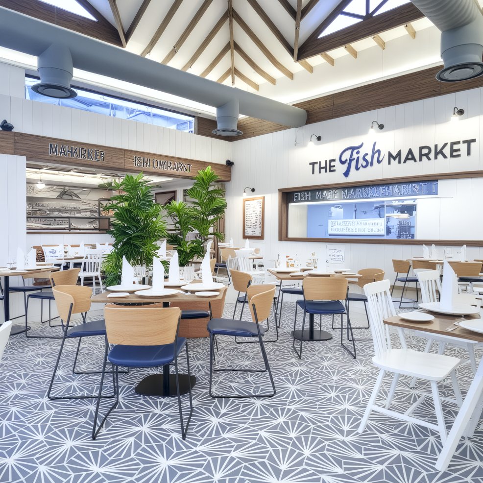 Bright, modern seafood restaurant—perfect for a destination wedding—with blue chairs and lush green plants.