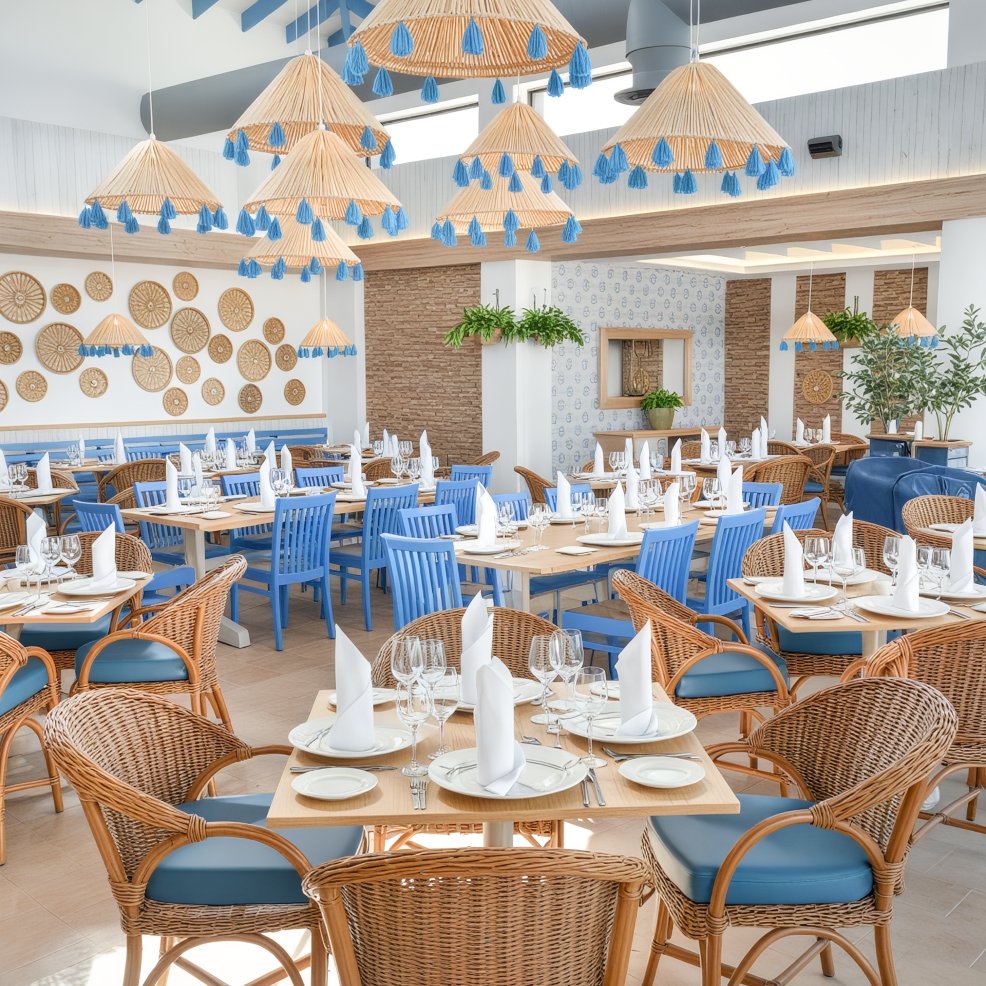 A bright restaurant set up for a destination wedding, featuring blue chairs, wicker furniture, and tables.