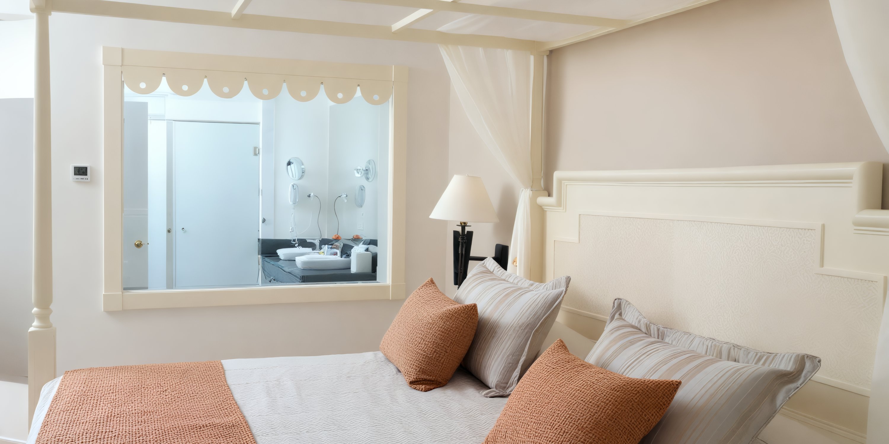 Bahia Principe Grand Samana bedroom: serene neutrals, perfect for destination wedding stays, modern bath view.