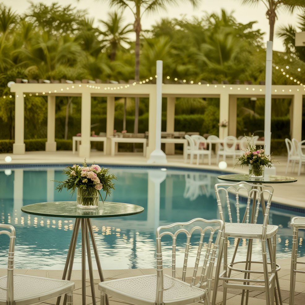 Glass tables with flower vases and white chairs surround a pool at an outdoor destination wedding venue.