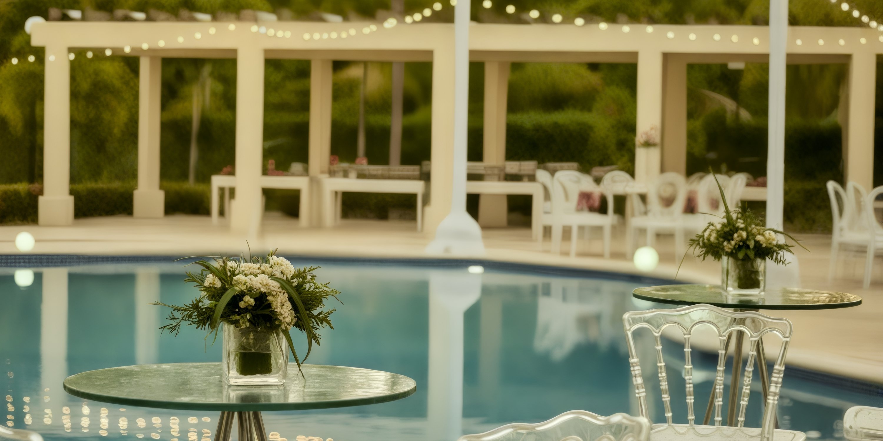 Outdoor poolside wedding area at Bahia Principe Grand El Portillo with tables, chairs, and string lights.