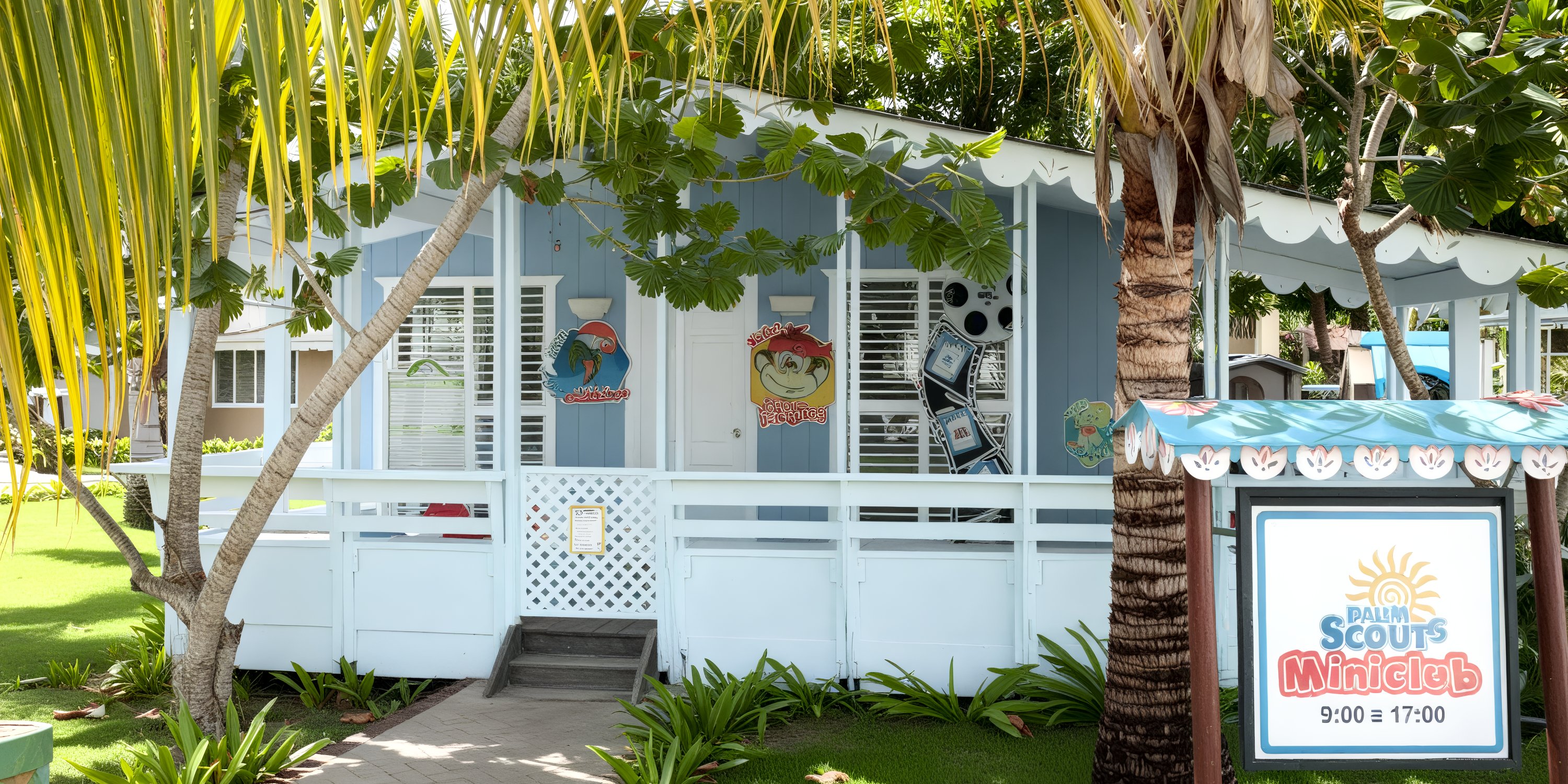 Light blue Bahia Principe Grand Samana, cartoon decor, "Palm Scouts Miniclub"—a wedding destination.