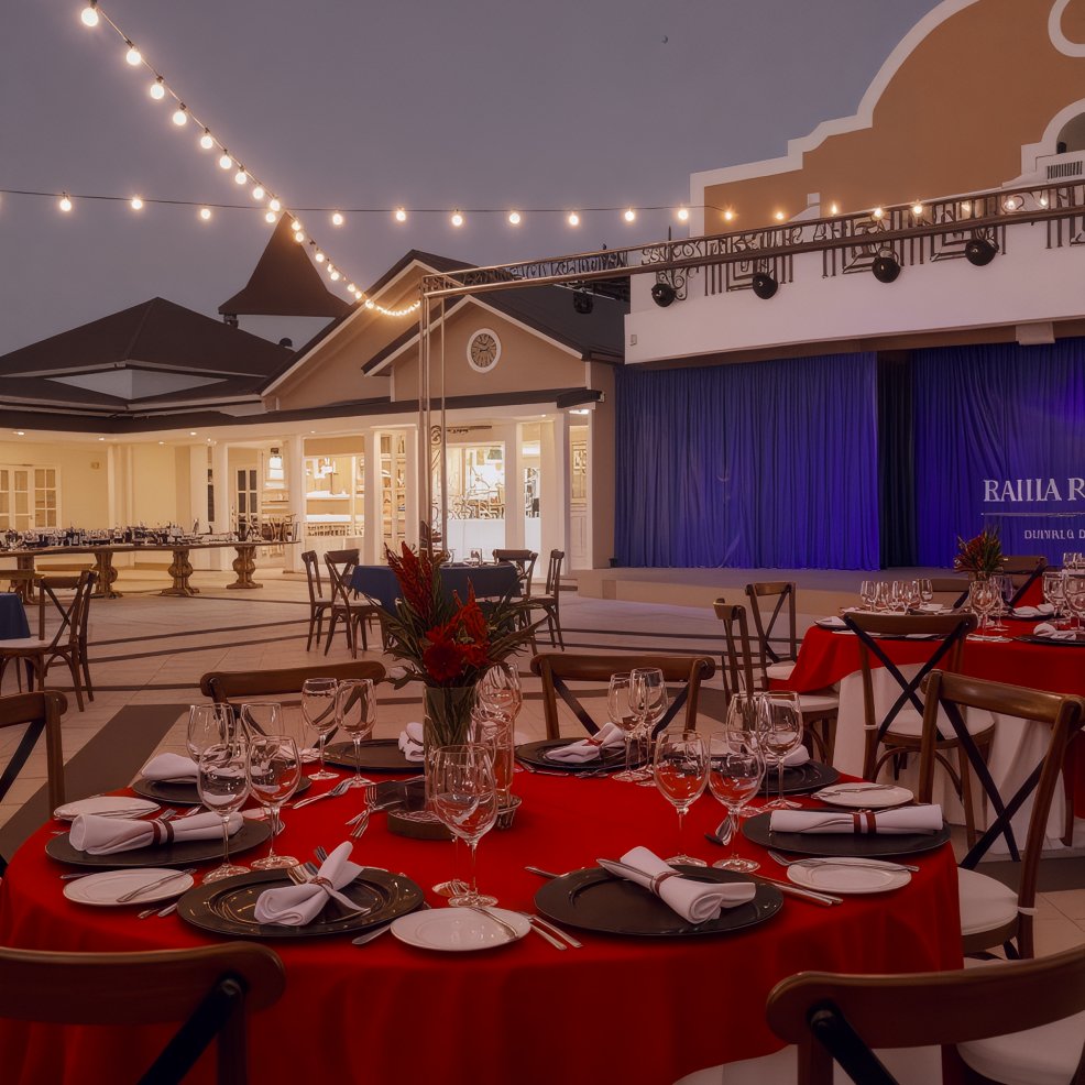 Destination wedding venue outdoors with round dinner tables, string lights above, and a stage at the back.