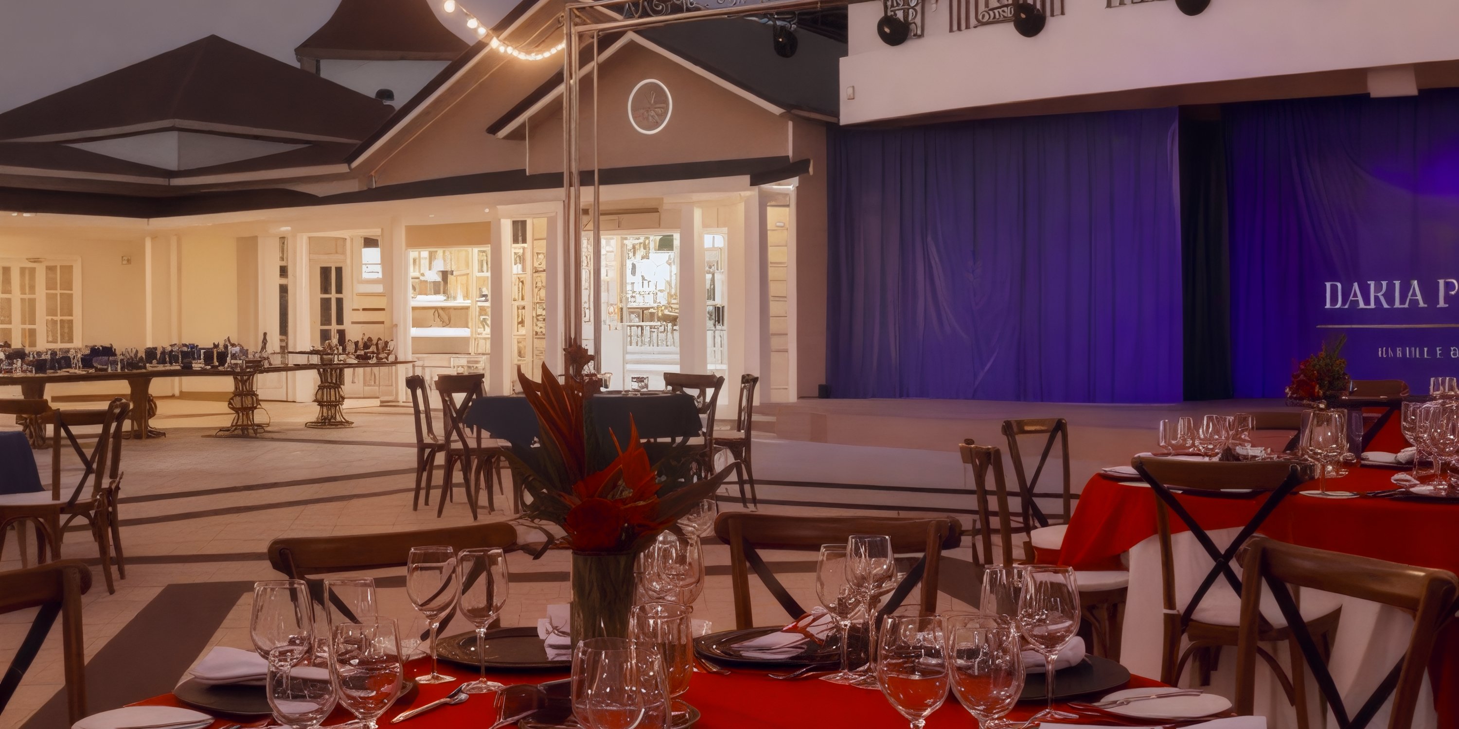 Destination wedding setup at Bahia Principe Grand El Portillo with round tables and a decorated stage.