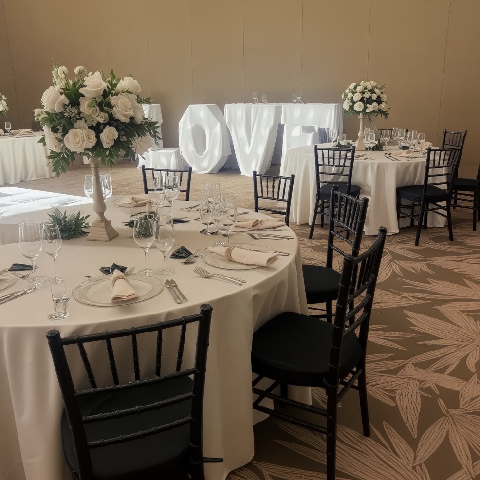 Round tables at a destination wedding, featuring white floral centerpieces and a large "LOVE" sign.