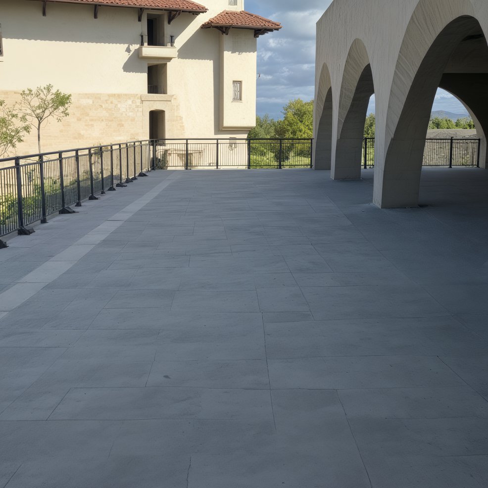 Elegant outdoor walkway with stone tiles and arches by a beige building, ideal for a destination wedding.