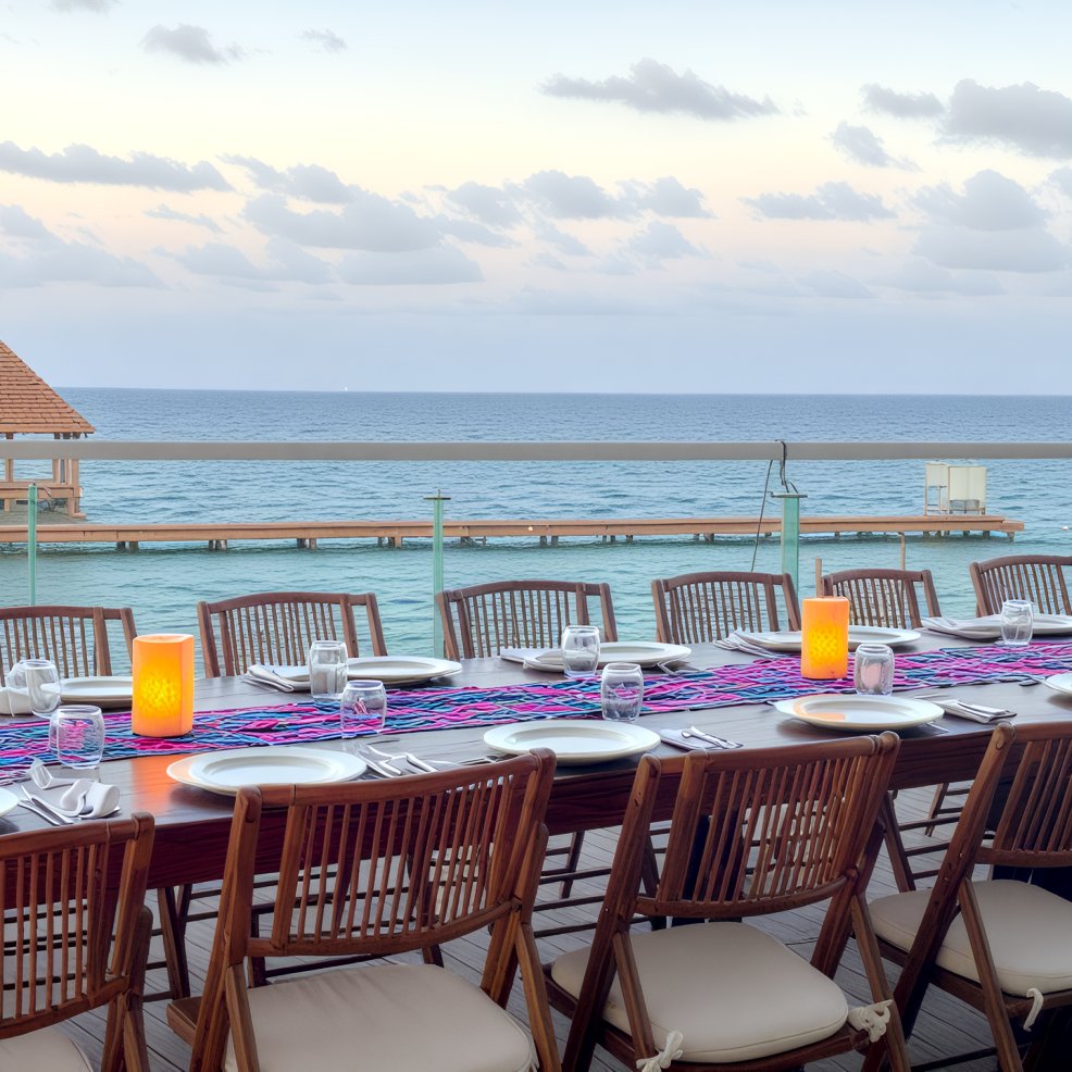 A long dining table set for a wedding meal overlooks the ocean from a deck at sunset.