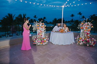 At a destination wedding at dusk, a woman in a pink dress gives a speech to Billi and Trevor outdoors.
