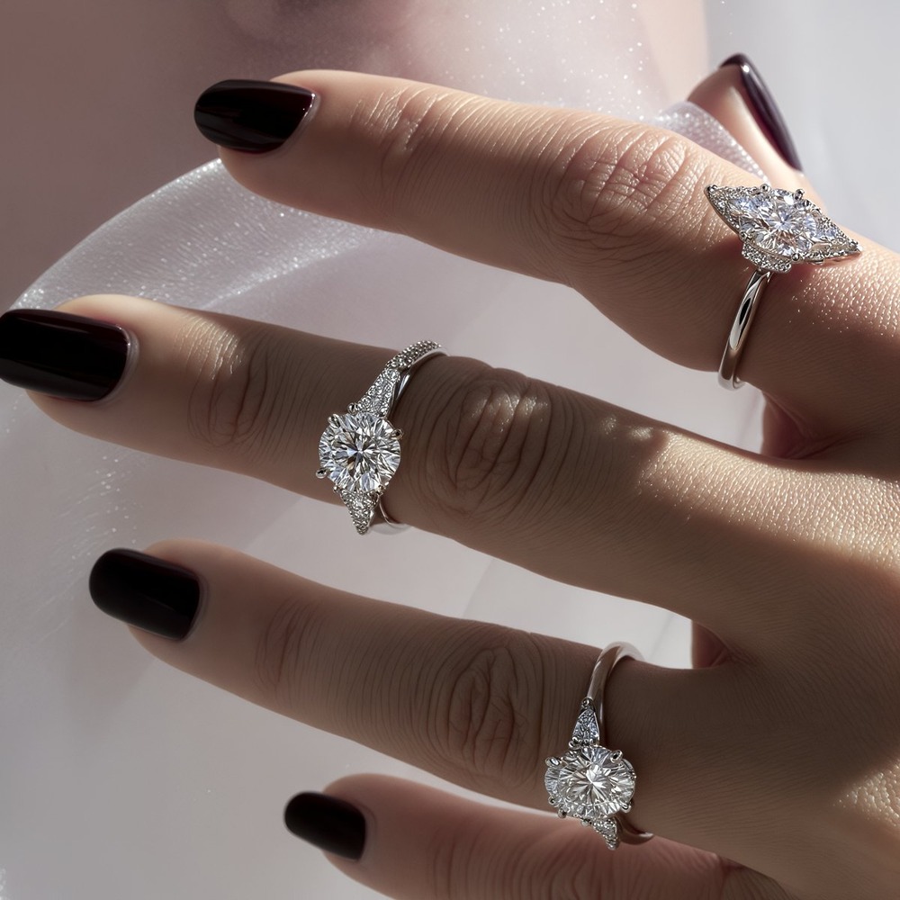 Three diamond rings on a manicured hand with dark nail polish, perfect for a destination wedding scene.
