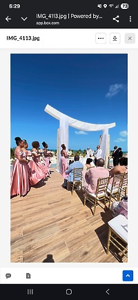 Iyana and Marcello's destination wedding outdoors, bridesmaids in pink, guests beneath a blue sky.