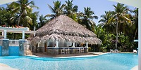Wyndham Alltra Punta Cana: Ideal destination wedding spot with thatched-roof pool bar, palms, lounges.