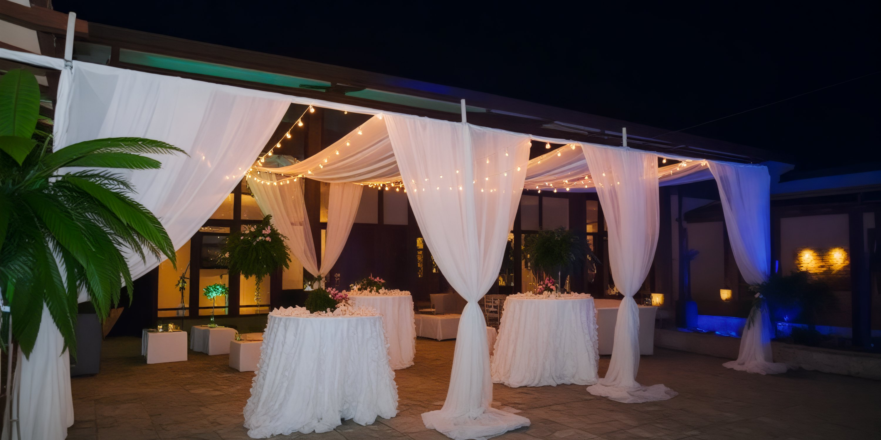 Nighttime destination wedding tent with white drapes, string lights, and tall decorated tables.