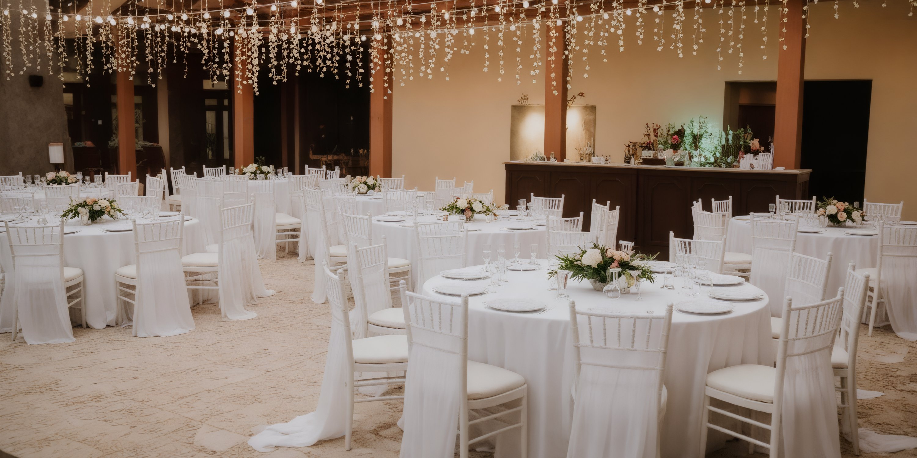Chic destination wedding setup with round tables, white chairs, lush floral centerpieces, and string lights.