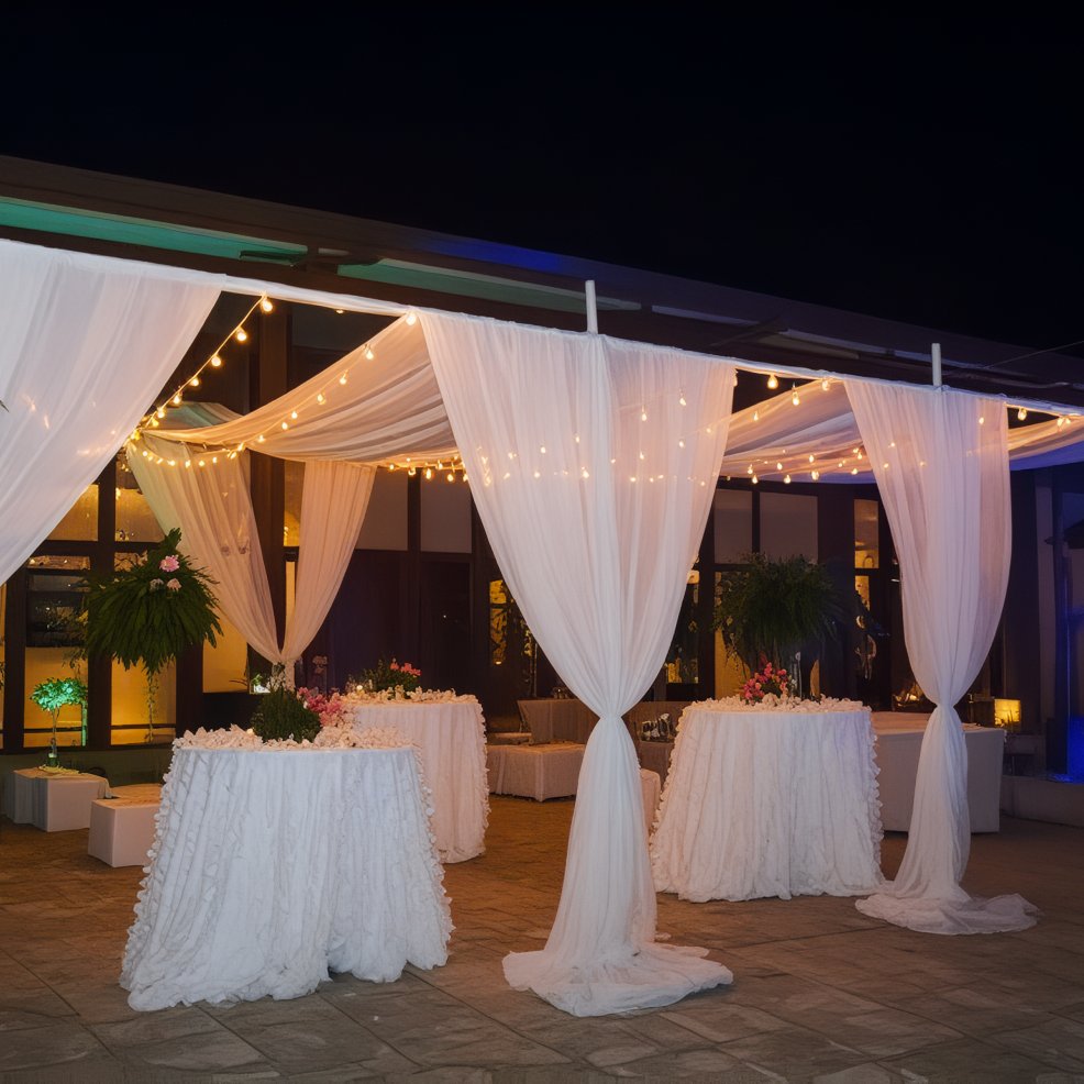Destination wedding setup featuring draped white fabric, round tables, and glowing string lights at night.
