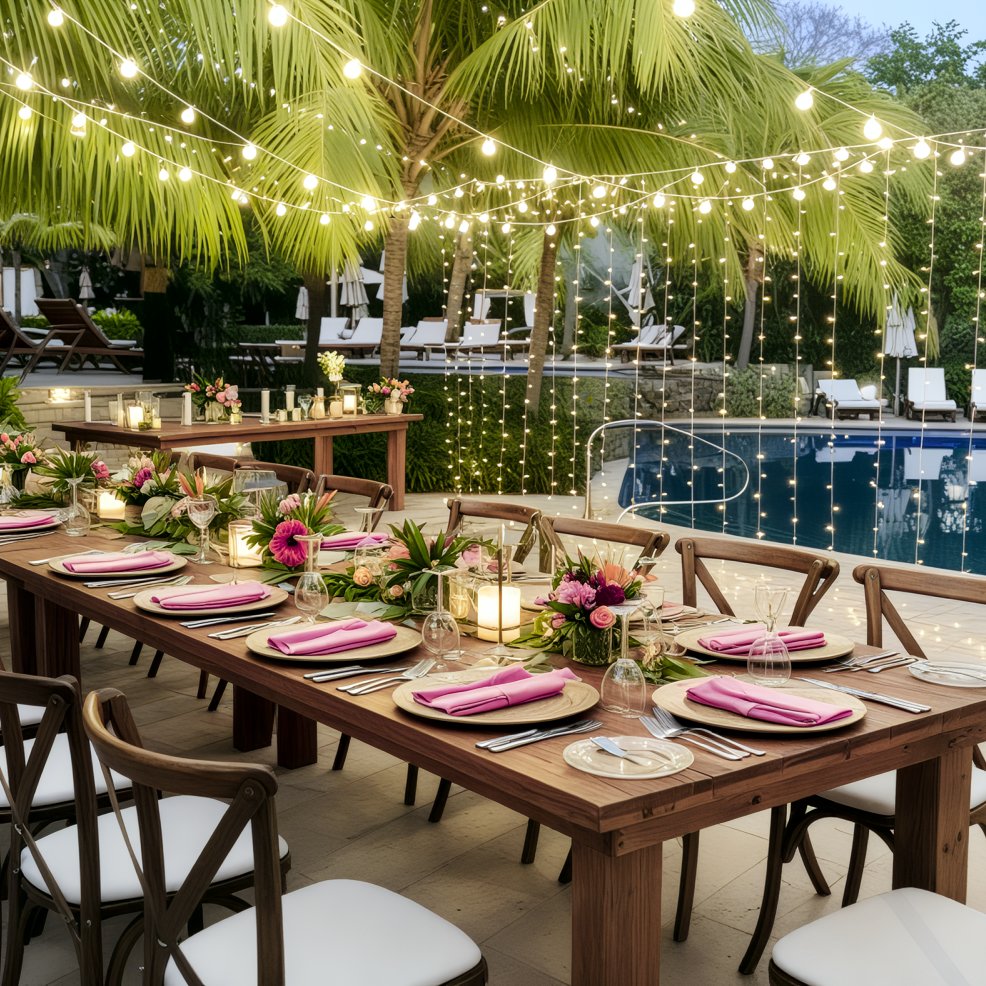 Elegant outdoor dining table by a pool, decorated with flowers and string lights for a destination wedding.