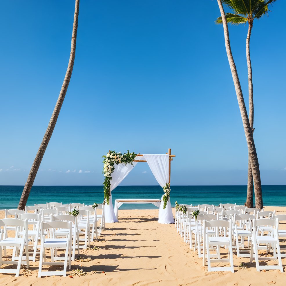 Destination wedding ceremony with white chairs and floral arch overlooking the ocean beneath a clear sky.