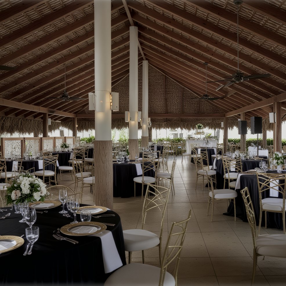 Open-air destination wedding venue featuring round dining tables draped in elegant black tablecloths.