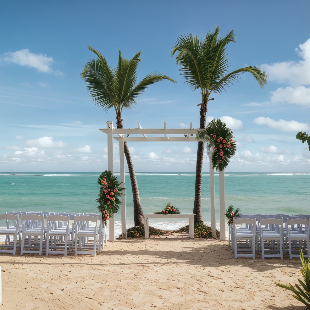 White chairs and a decorated pergola arranged for a destination wedding on a sandy beach with palm trees.