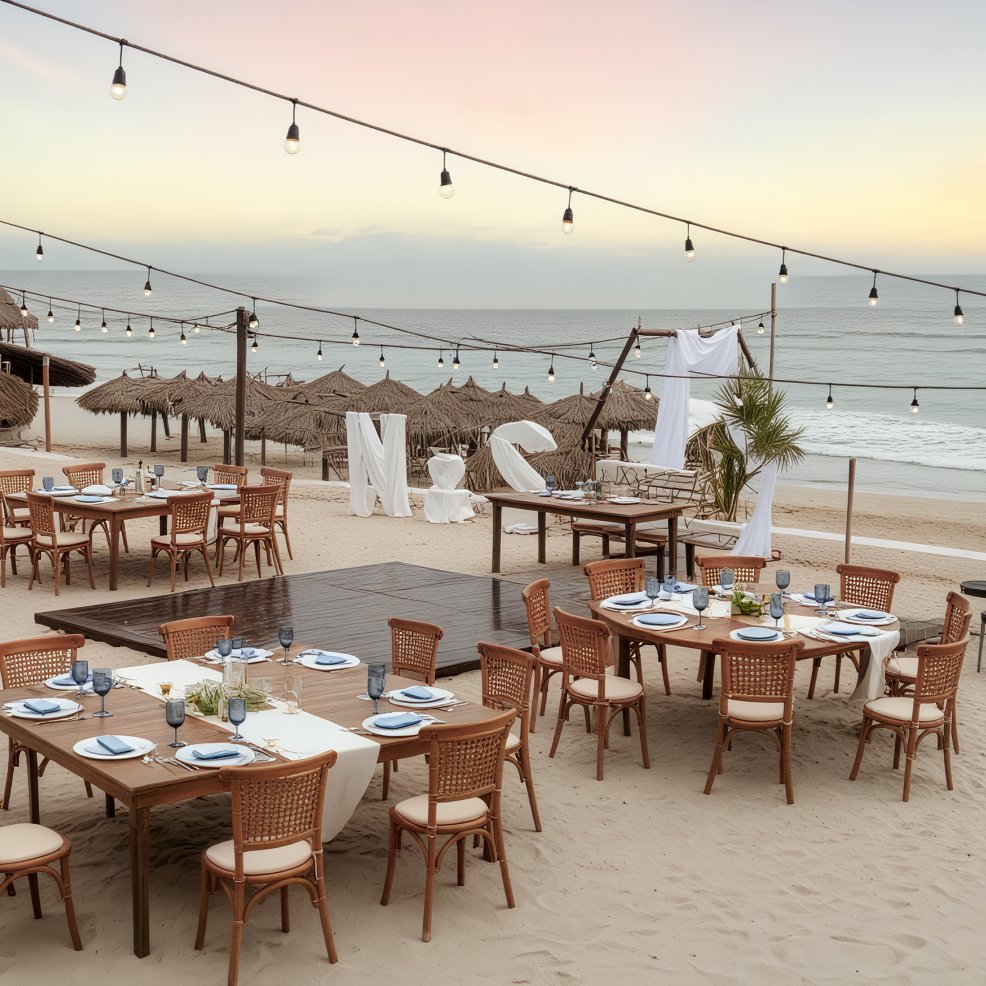 Tables and chairs arranged for a destination wedding at sunset on the beach, with string lights above.