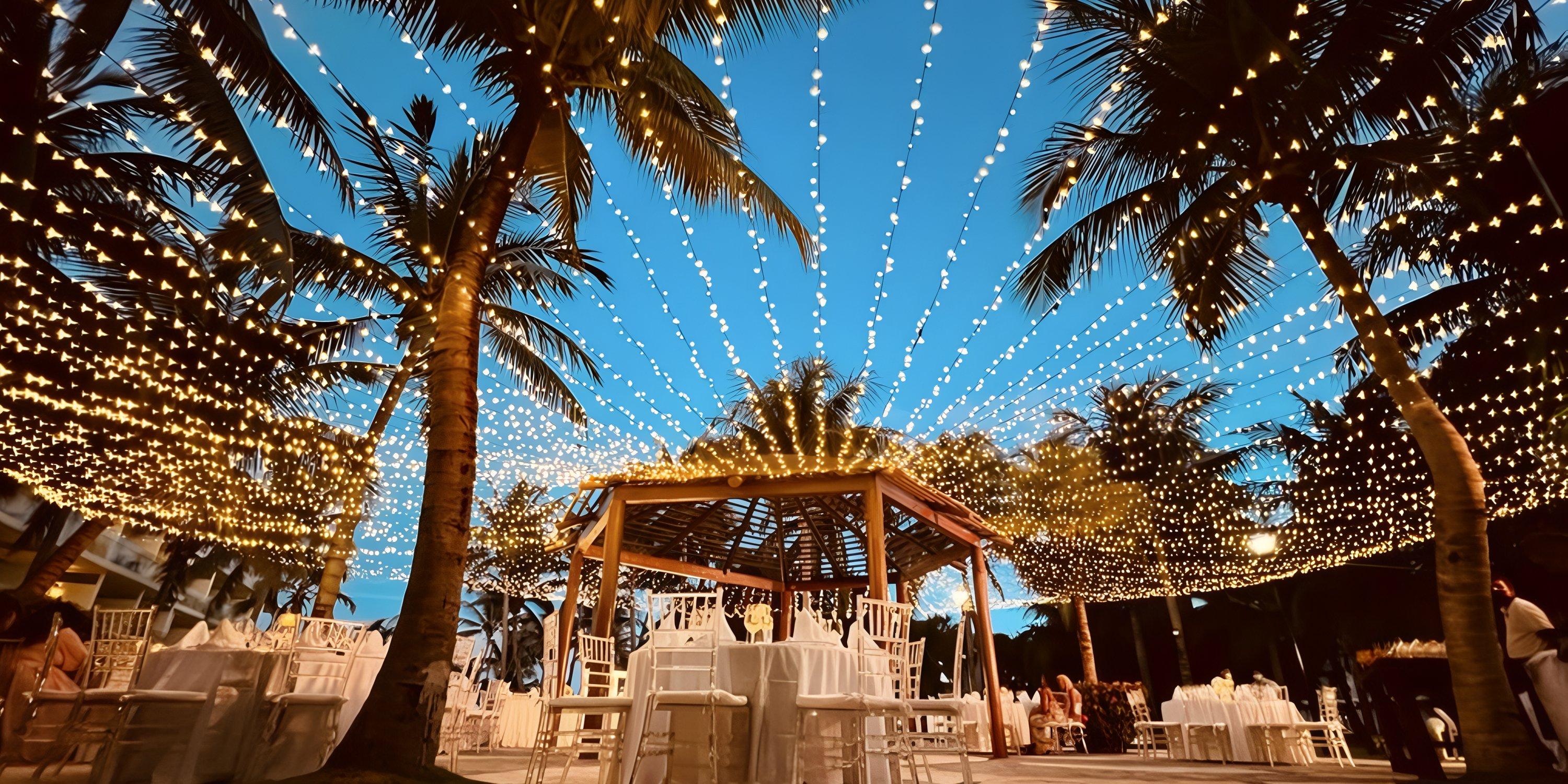 Destination wedding at Iberostar Selection Riviera Cancun with white tables and string lights at dusk.